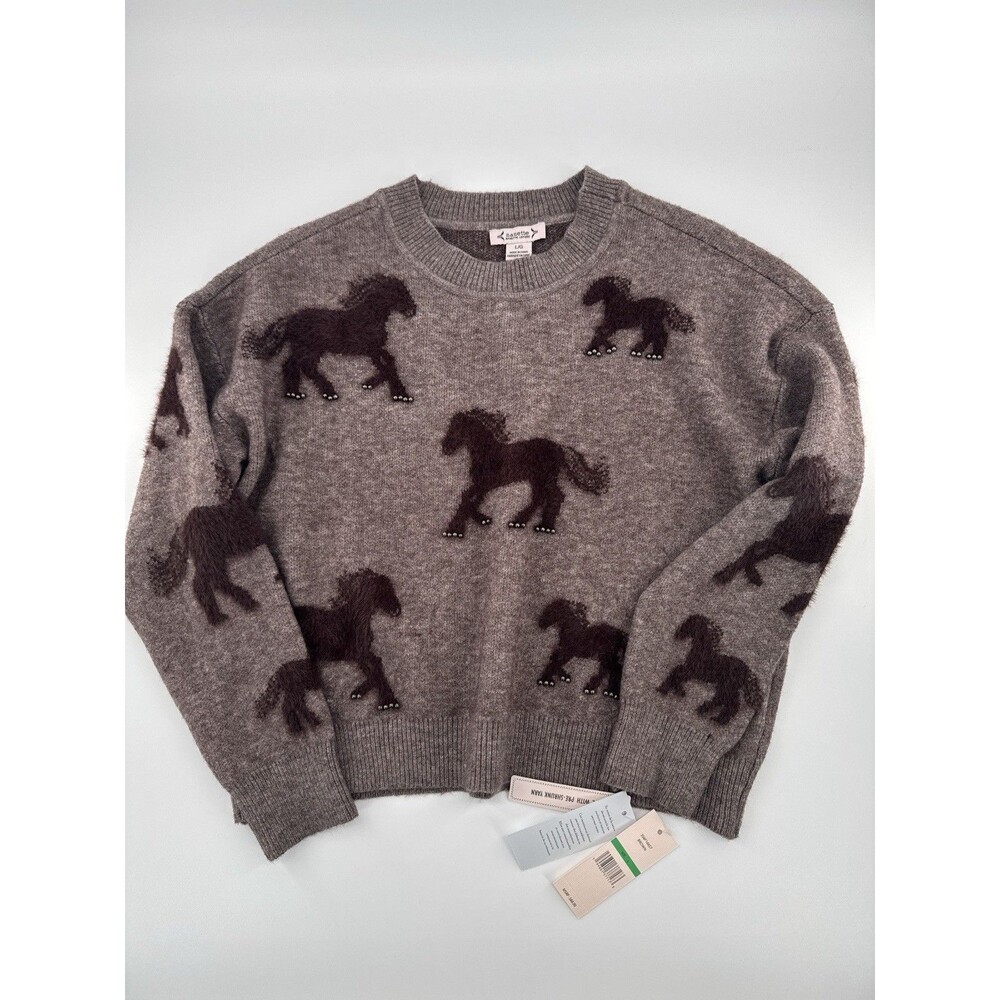 Nanette Lepore Fuzzy Horse Knit Crewneck Sweater Equestrian Pullover Woman's L